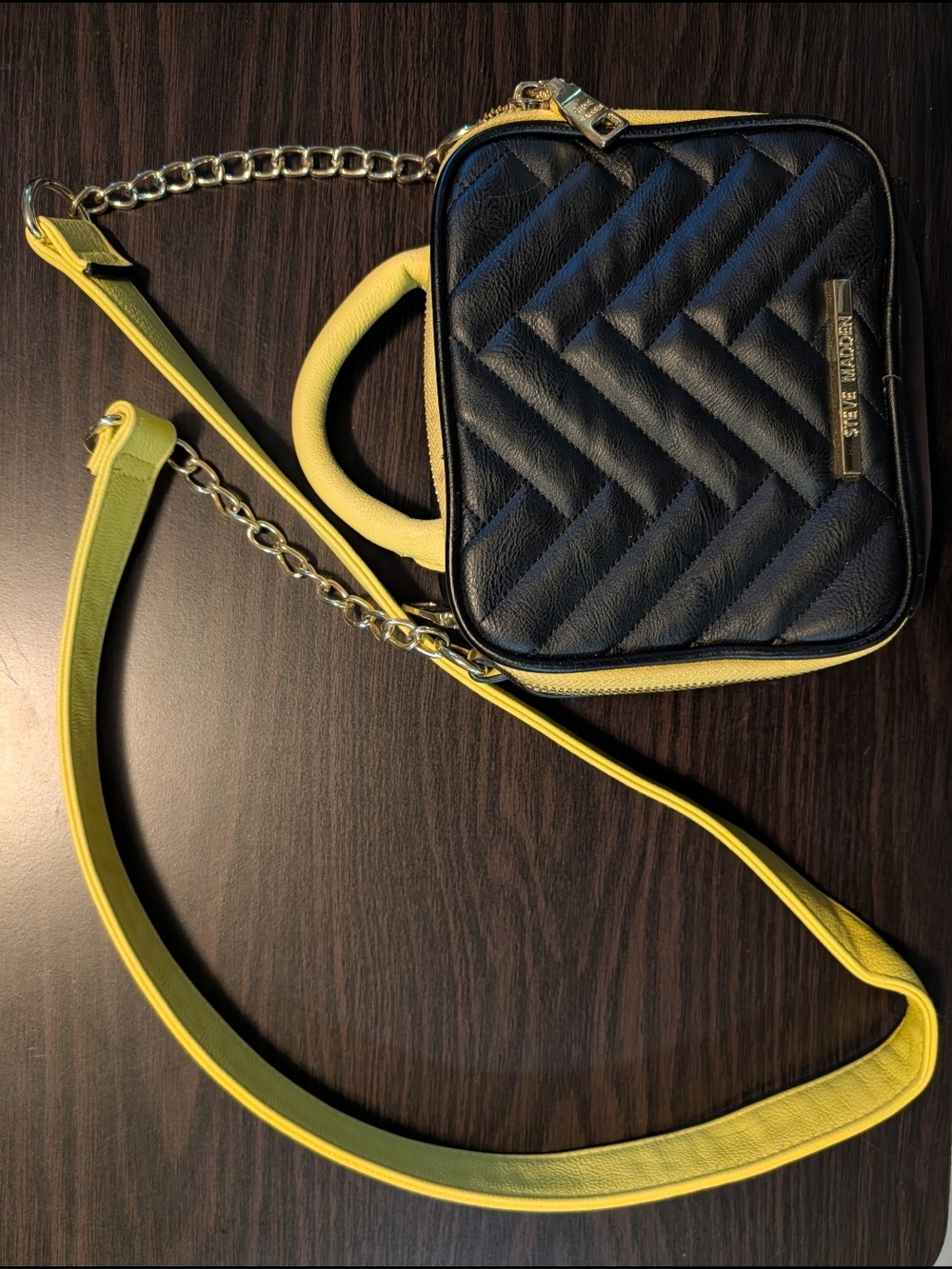 Steve Madden Black Quilted Crossbody with Yellow Trim